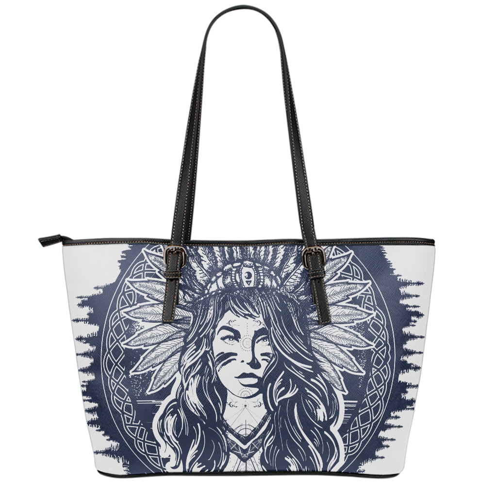 Tribal Native Indian Girl Print Leather Tote Bag