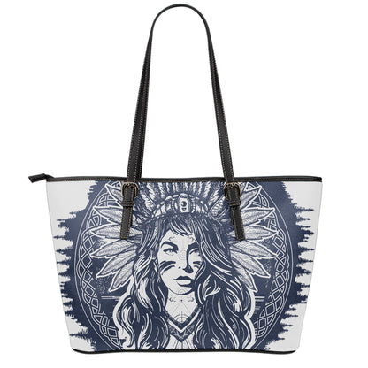 Tribal Native Indian Girl Print Leather Tote Bag