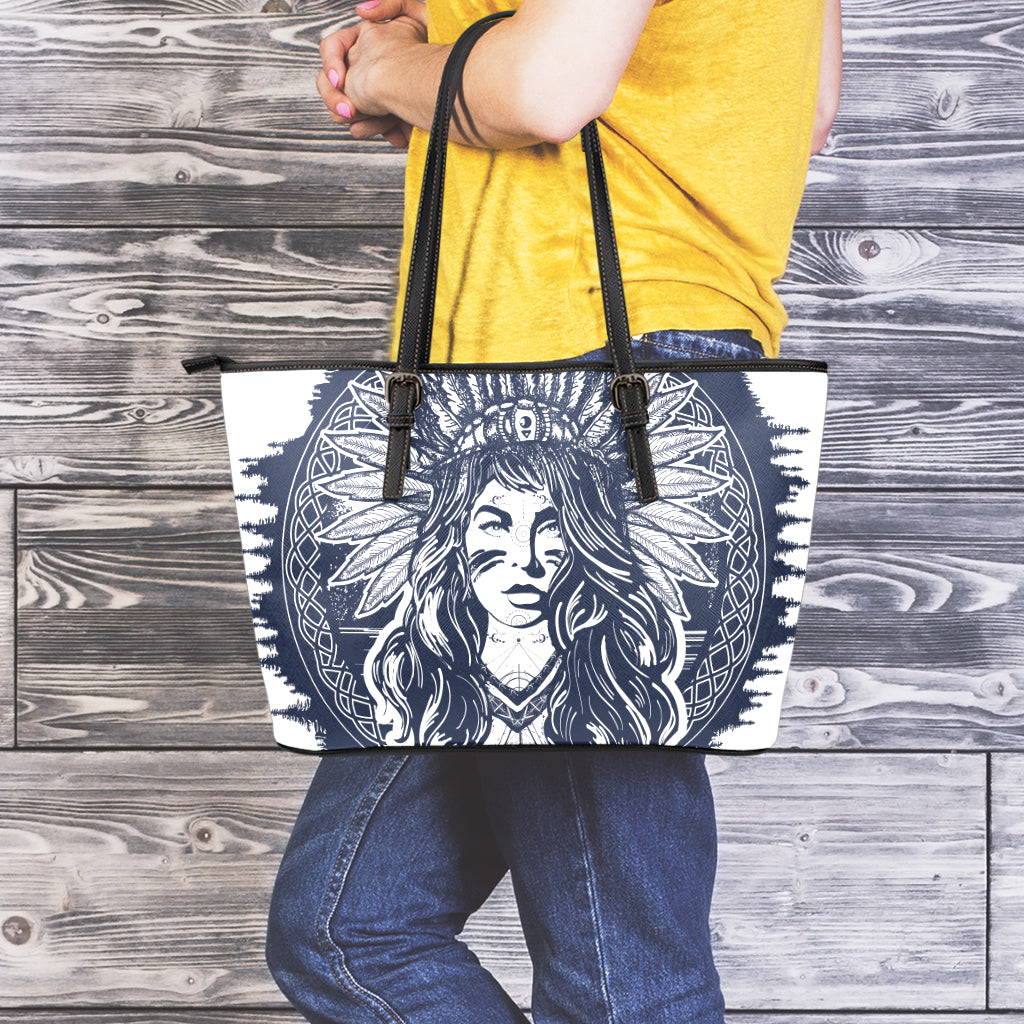 Tribal Native Indian Girl Print Leather Tote Bag