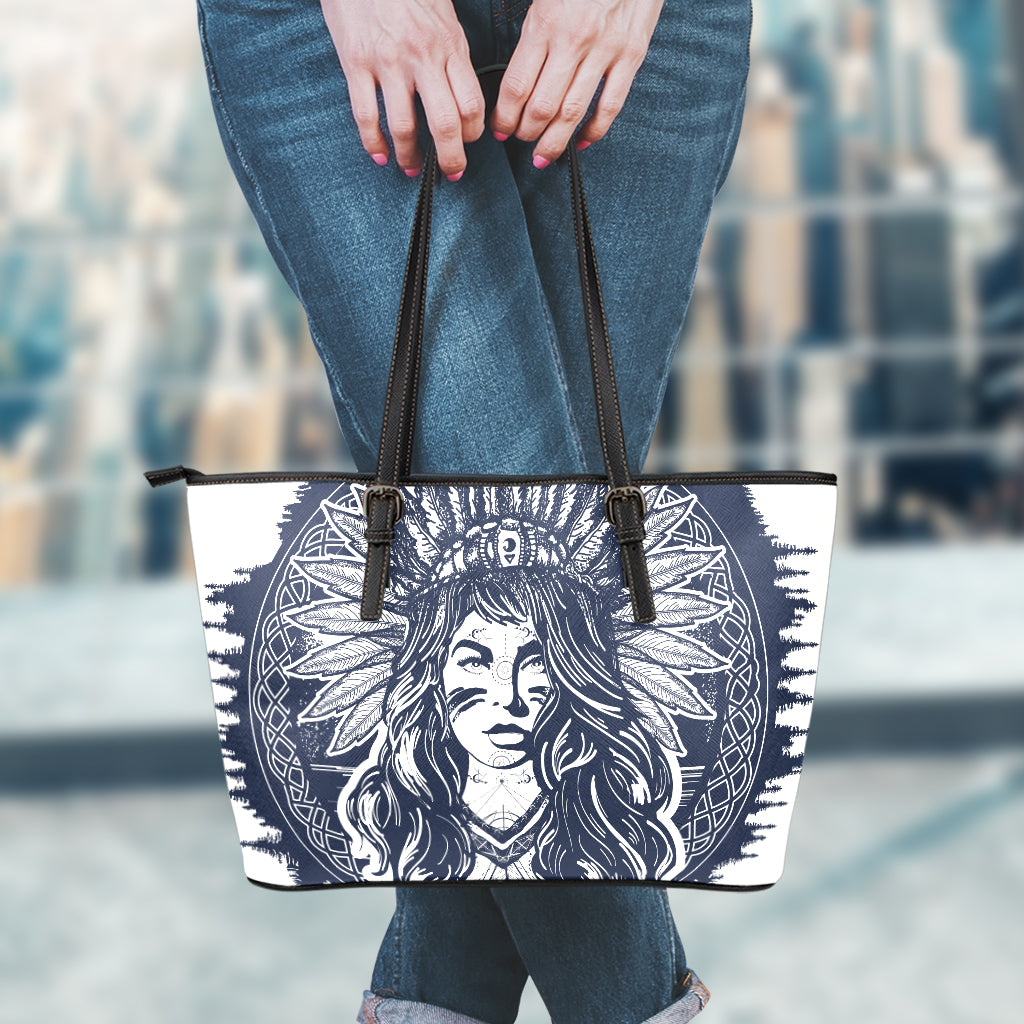 Tribal Native Indian Girl Print Leather Tote Bag