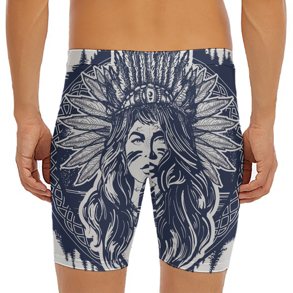 Tribal Native Indian Girl Print Men's Long Boxer Briefs