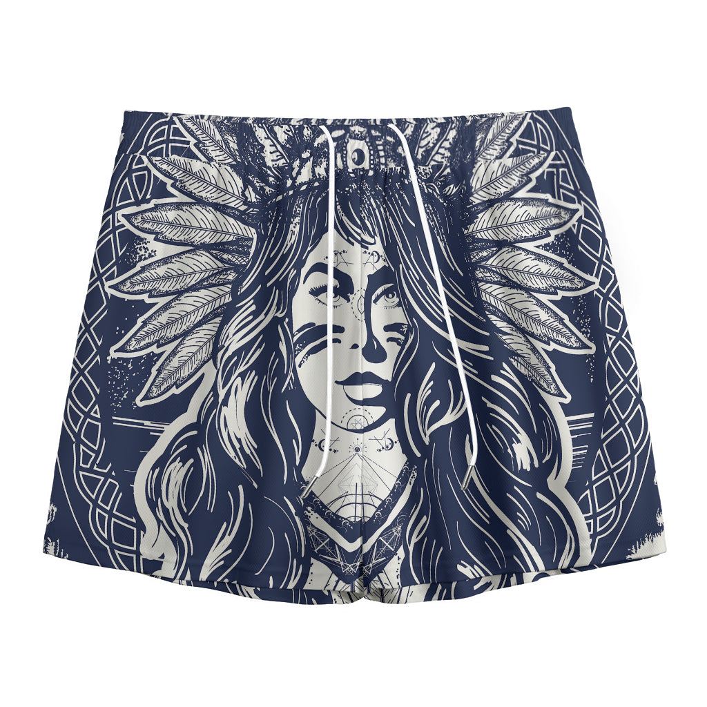 Tribal Native Indian Girl Print Mesh Shorts