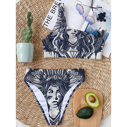 Tribal Native Indian Girl Print One Shoulder Bikini Top