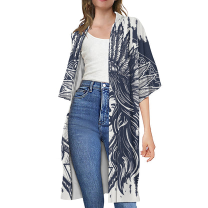 Tribal Native Indian Girl Print Open Front Beach Cover Up