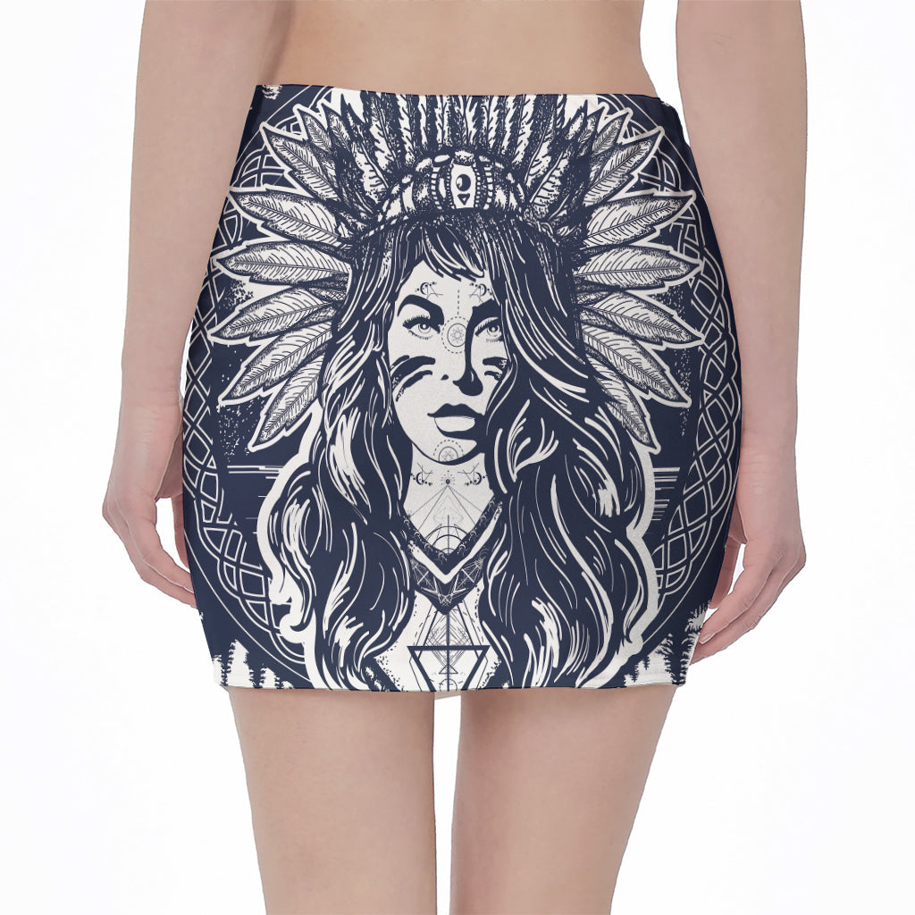 Tribal Native Indian Girl Print Pencil Mini Skirt