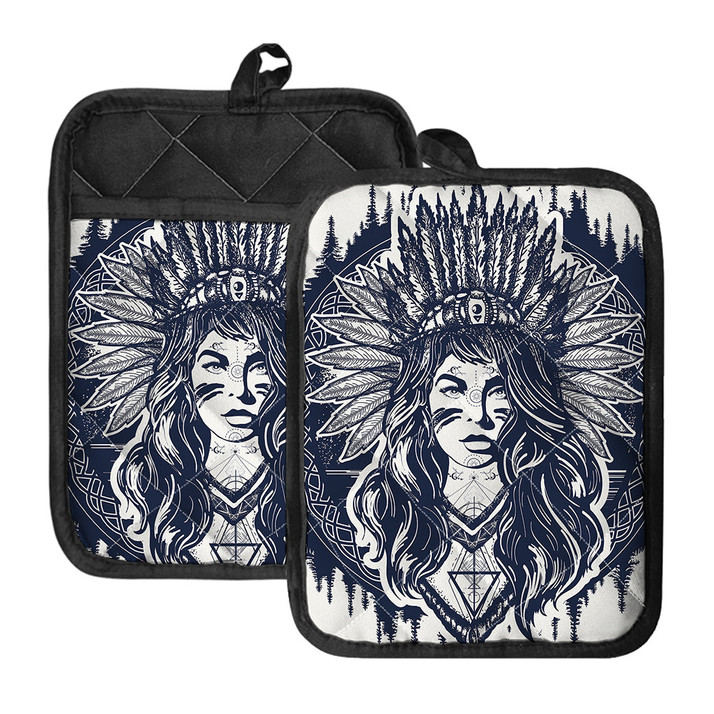 Tribal Native Indian Girl Print Pot Holders With Pocket
