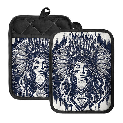 Tribal Native Indian Girl Print Pot Holders With Pocket