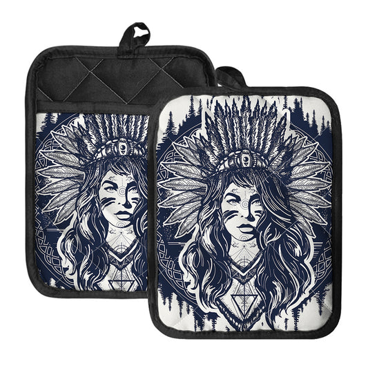 Tribal Native Indian Girl Print Pot Holders With Pocket
