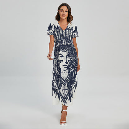 Tribal Native Indian Girl Print Short Sleeve Maxi Dress