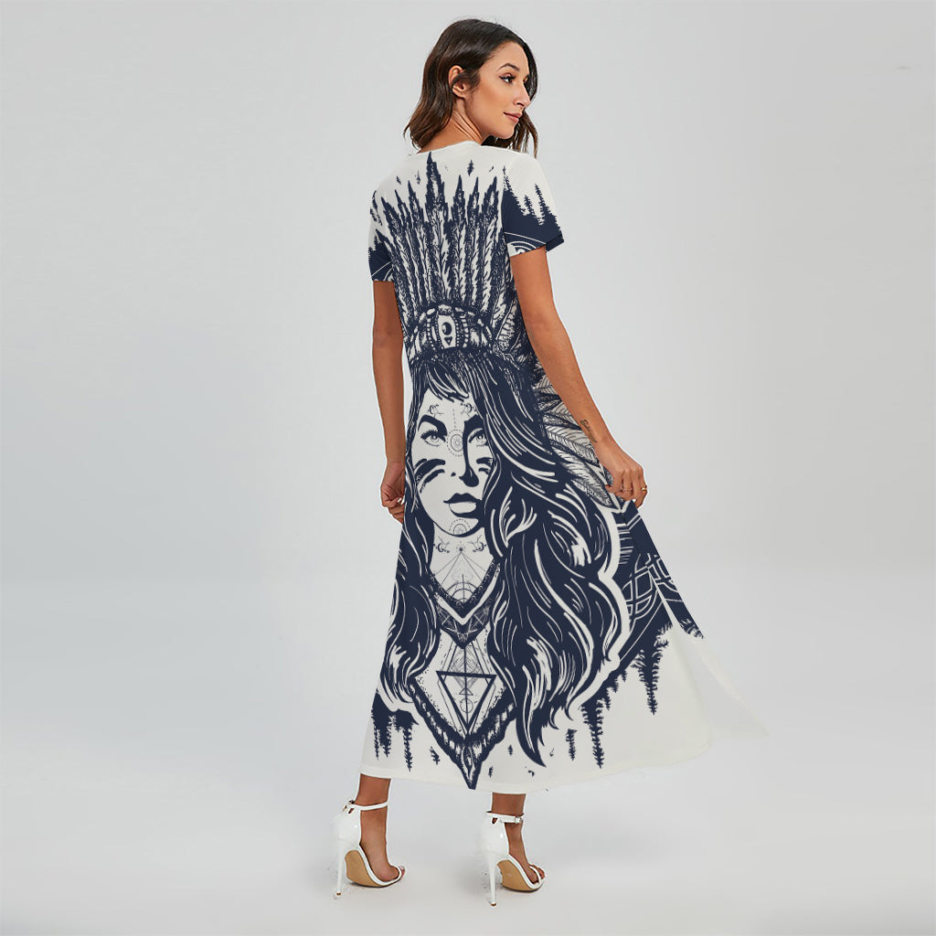 Tribal Native Indian Girl Print Short Sleeve Maxi Dress