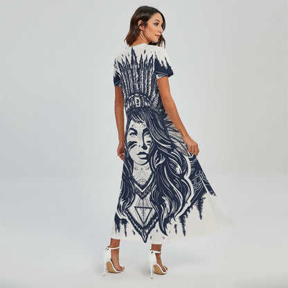 Tribal Native Indian Girl Print Short Sleeve Maxi Dress