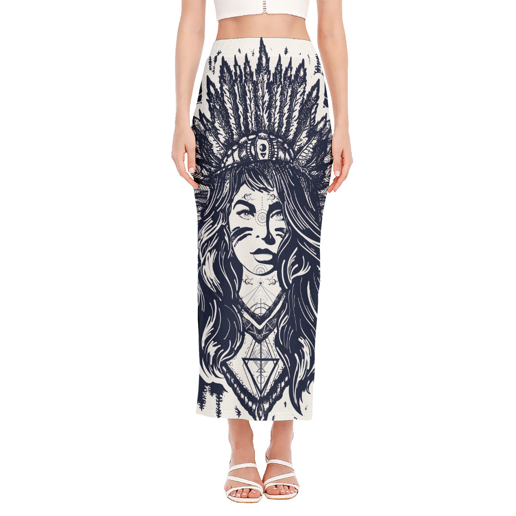 Tribal Native Indian Girl Print Side Slit Maxi Skirt