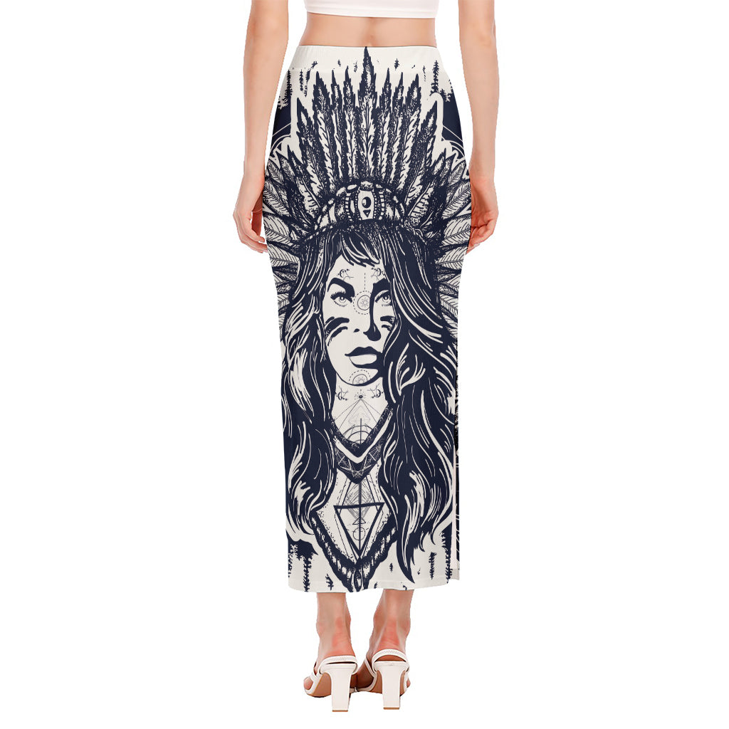 Tribal Native Indian Girl Print Side Slit Maxi Skirt