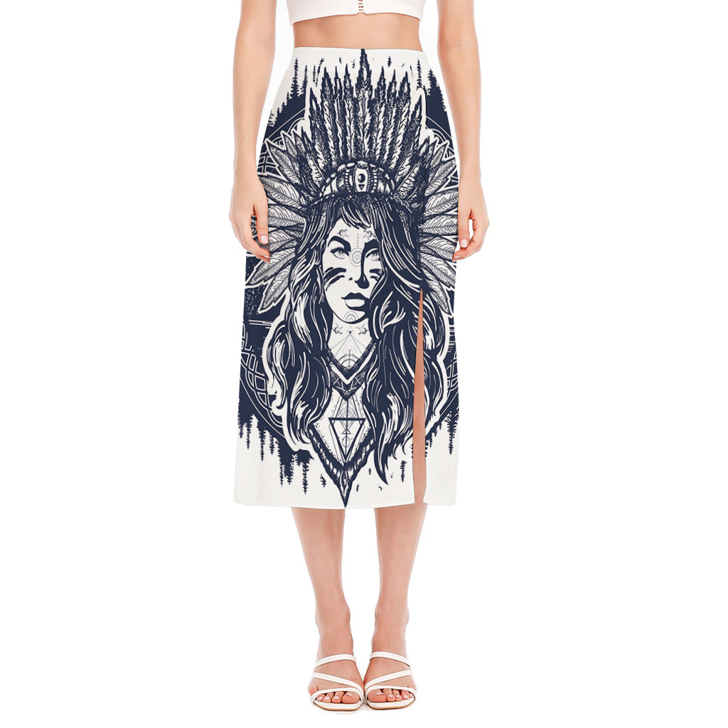 Tribal Native Indian Girl Print Side Slit Midi Skirt
