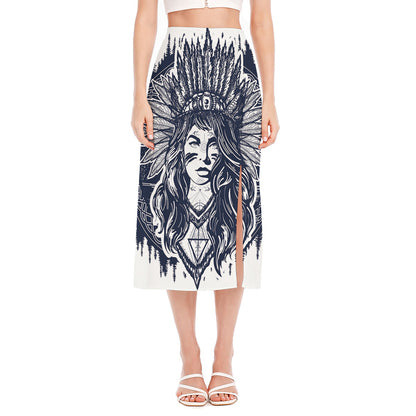 Tribal Native Indian Girl Print Side Slit Midi Skirt