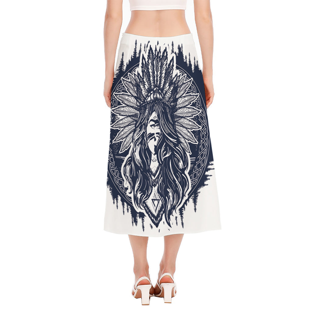 Tribal Native Indian Girl Print Side Slit Midi Skirt