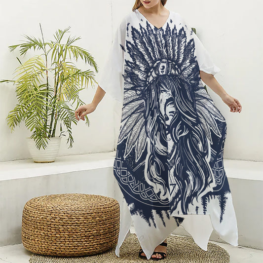 Tribal Native Indian Girl Print Silk V-Neck Kaftan Dress