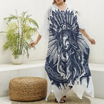 Tribal Native Indian Girl Print Silk V-Neck Kaftan Dress