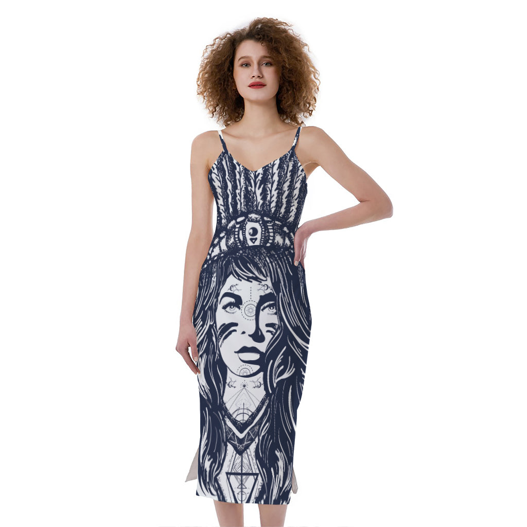 Tribal Native Indian Girl Print Slim Fit Midi Cami Dress