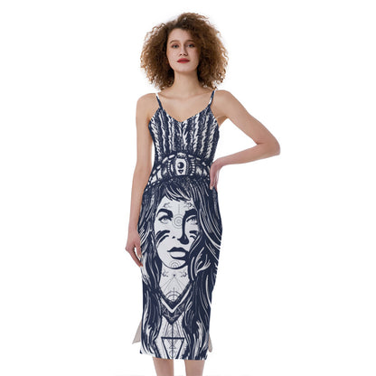 Tribal Native Indian Girl Print Slim Fit Midi Cami Dress