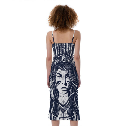 Tribal Native Indian Girl Print Slim Fit Midi Cami Dress