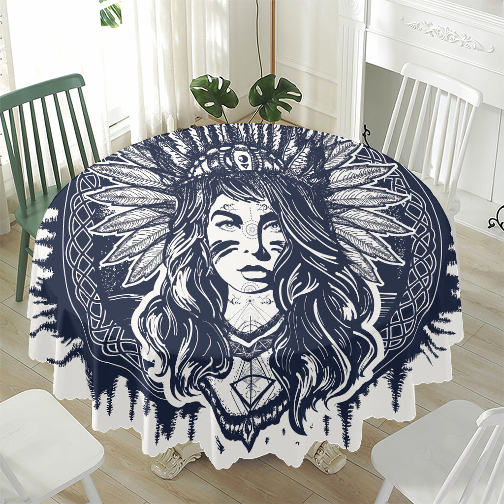 Tribal Native Indian Girl Print Waterproof Round Tablecloth