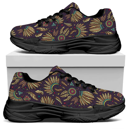 Tribal Native Indian Pattern Print Black Chunky Shoes