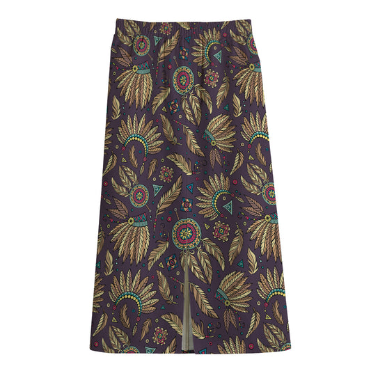Tribal Native Indian Pattern Print Cotton Front Slit Maxi Skirt