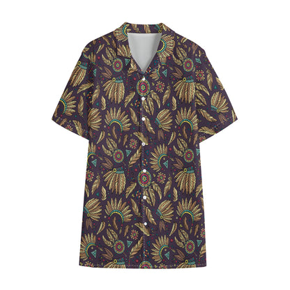 Tribal Native Indian Pattern Print Cotton Hawaiian Shirt