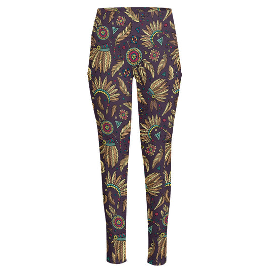 Tribal Native Indian Pattern Print High-Waisted Pocket Leggings