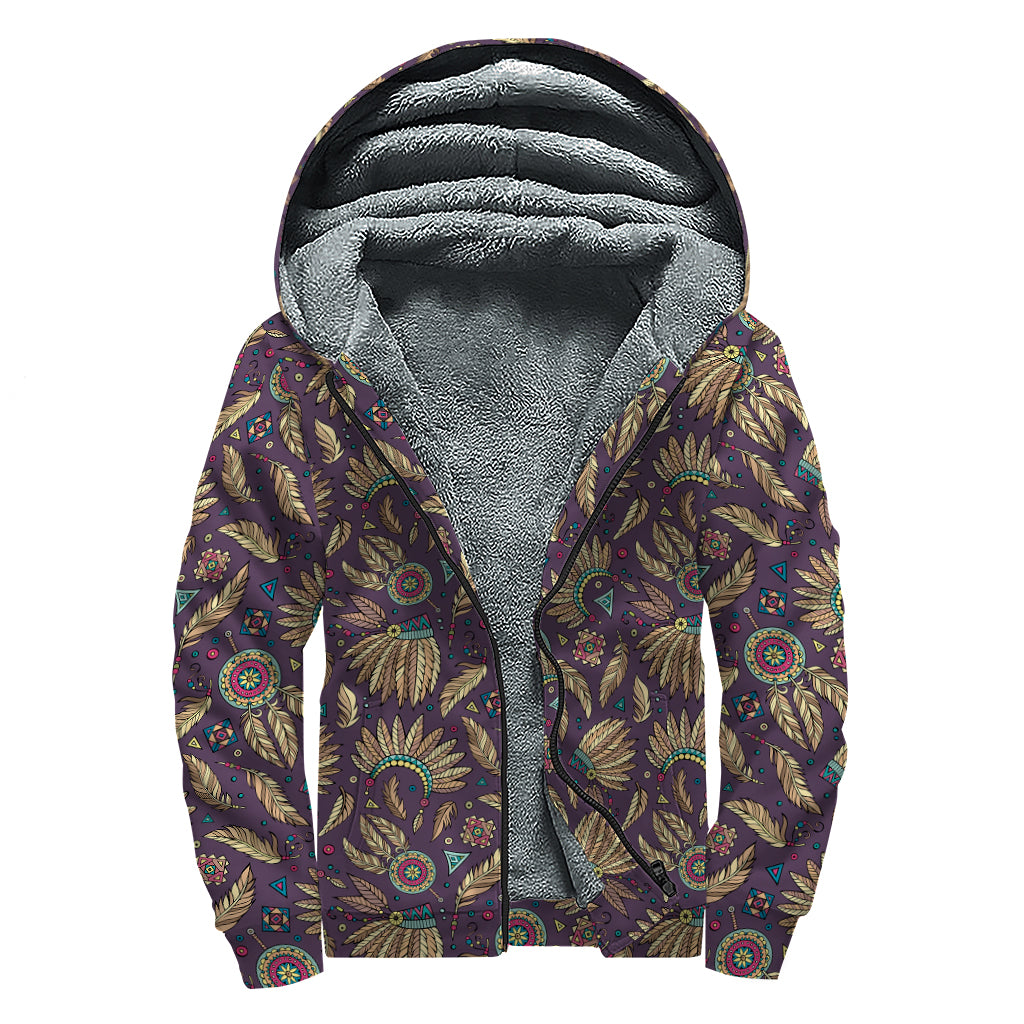 Tribal Native Indian Pattern Print Sherpa Lined Zip Up Hoodie