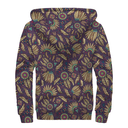 Tribal Native Indian Pattern Print Sherpa Lined Zip Up Hoodie