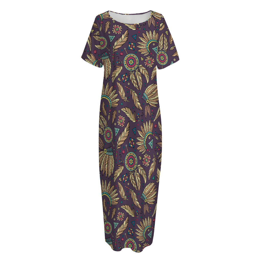 Tribal Native Indian Pattern Print Short Sleeve Long Nightdress