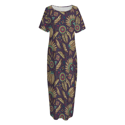 Tribal Native Indian Pattern Print Short Sleeve Long Nightdress