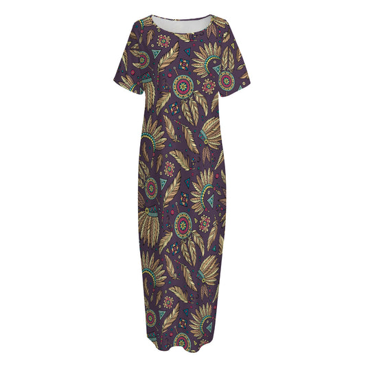 Tribal Native Indian Pattern Print Short Sleeve Long Nightdress