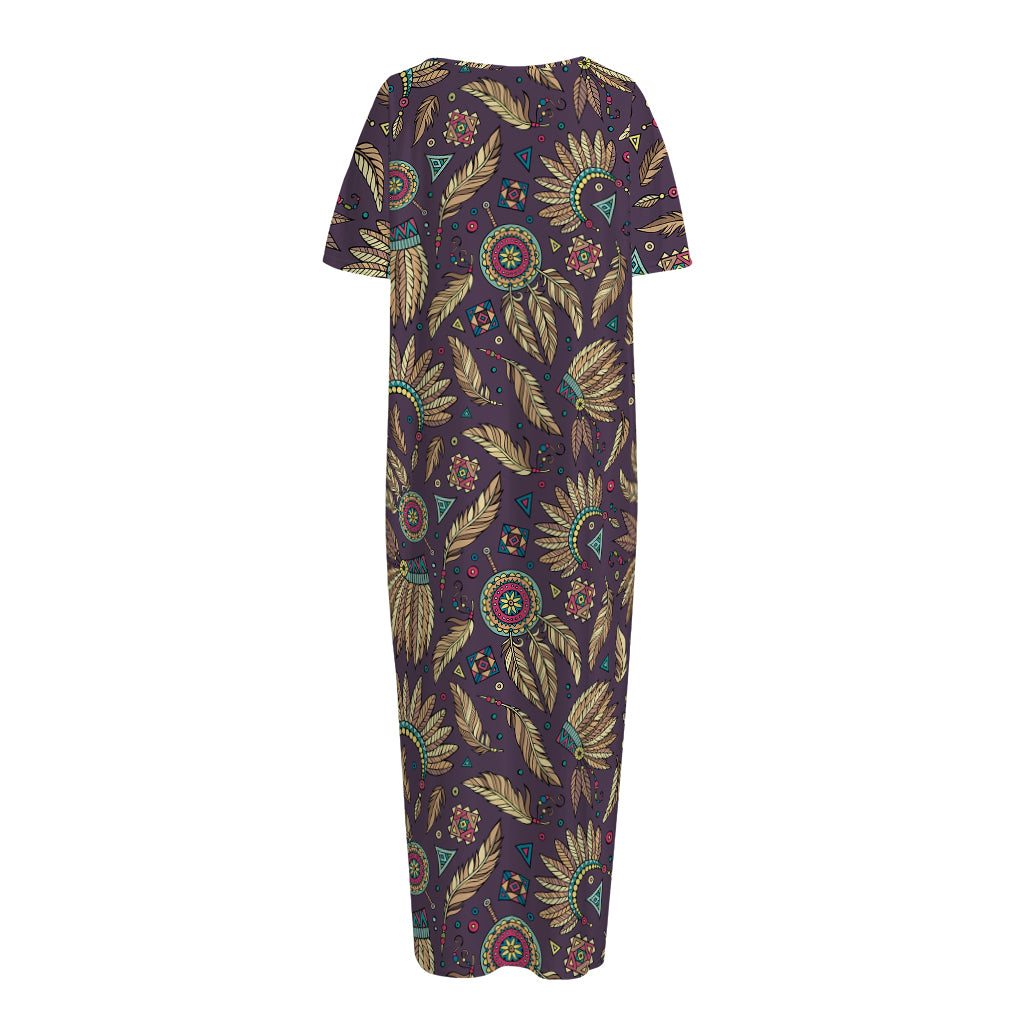 Tribal Native Indian Pattern Print Short Sleeve Long Nightdress