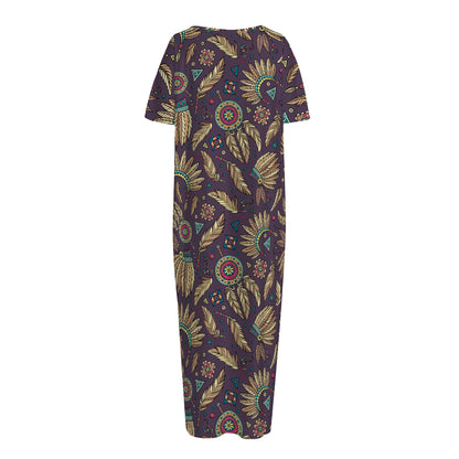 Tribal Native Indian Pattern Print Short Sleeve Long Nightdress