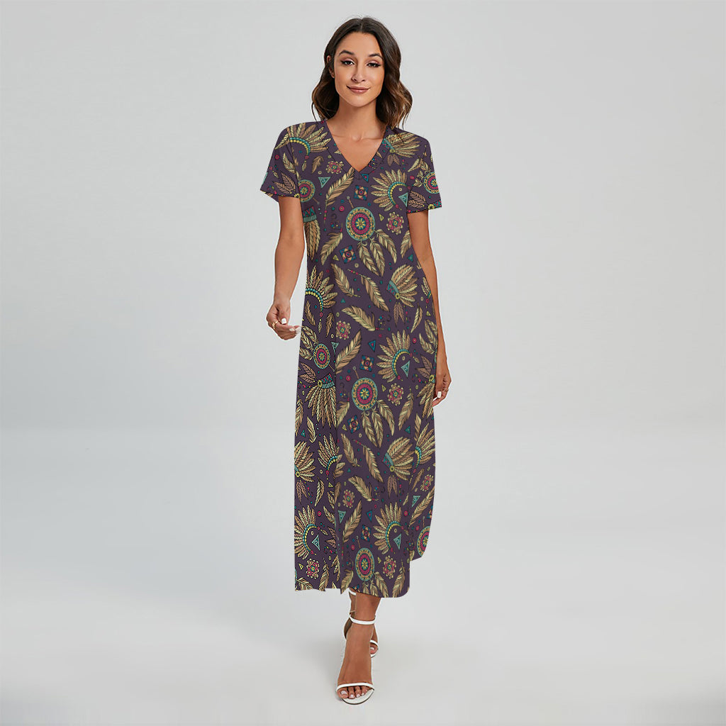 Tribal Native Indian Pattern Print Short Sleeve Maxi Dress