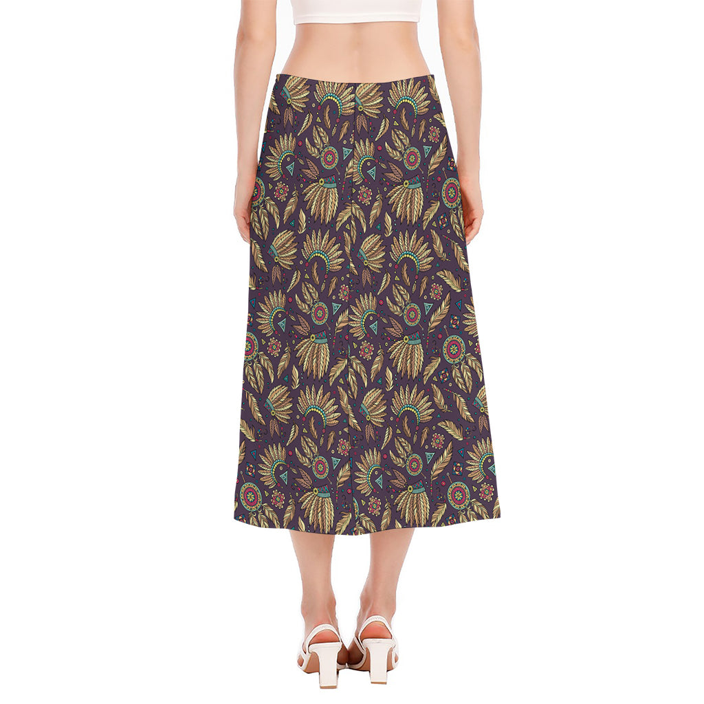 Tribal Native Indian Pattern Print Side Slit Midi Skirt