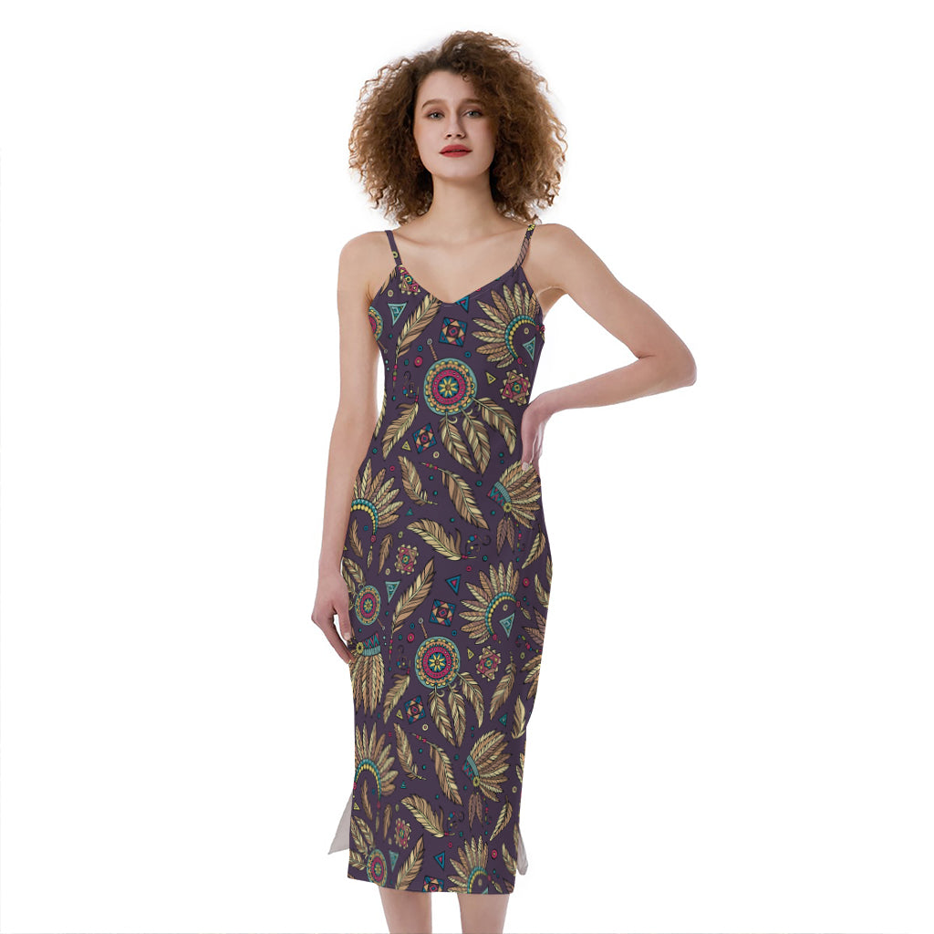 Tribal Native Indian Pattern Print Slim Fit Midi Cami Dress