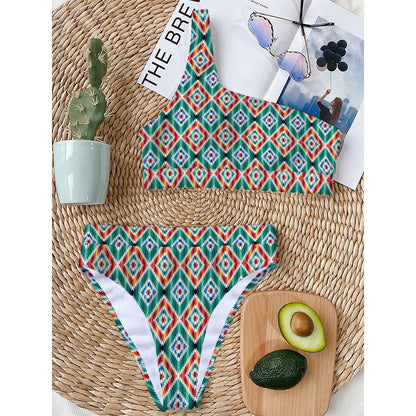 Tribal Navajo Pattern Print One Shoulder Bikini Top