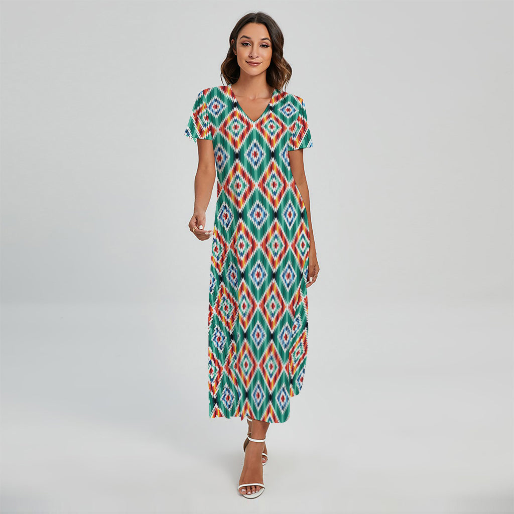 Tribal Navajo Pattern Print Short Sleeve Maxi Dress