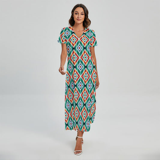 Tribal Navajo Pattern Print Short Sleeve Maxi Dress