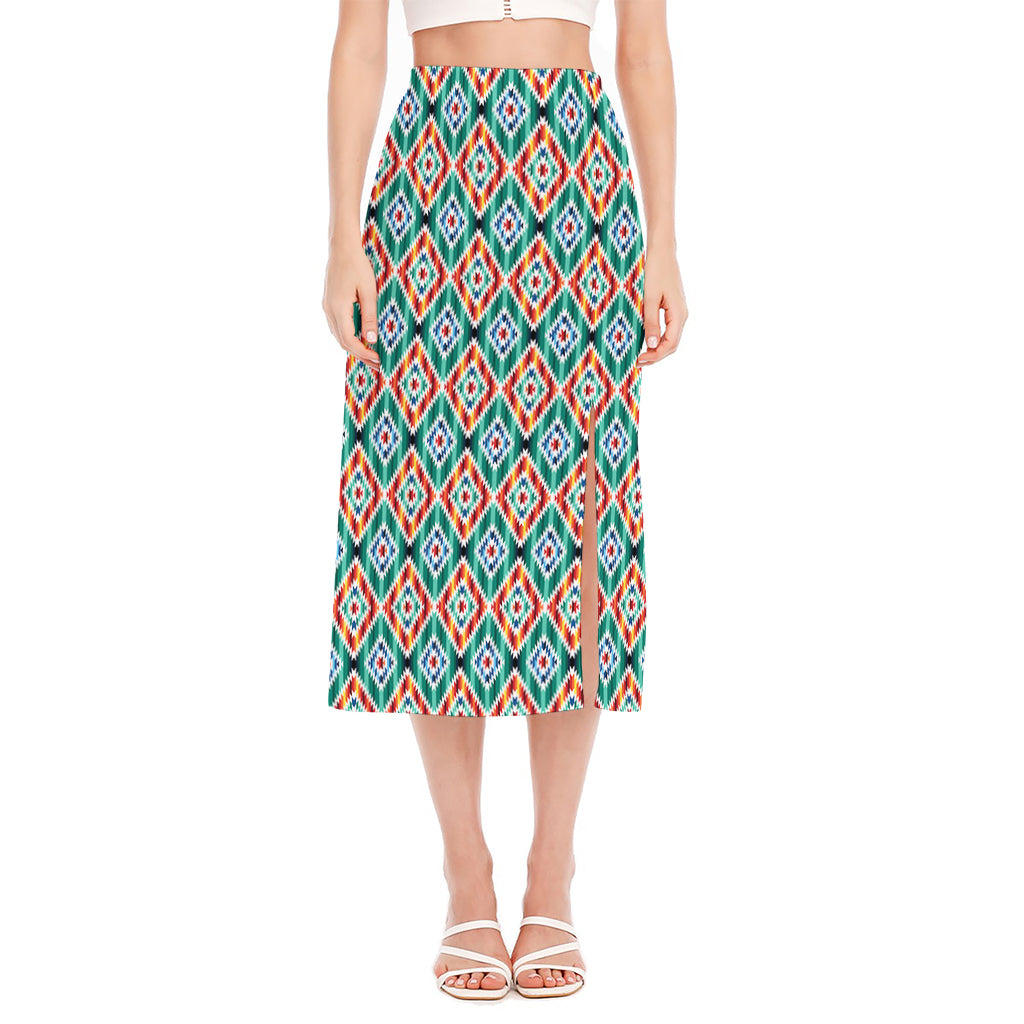 Tribal Navajo Pattern Print Side Slit Midi Skirt