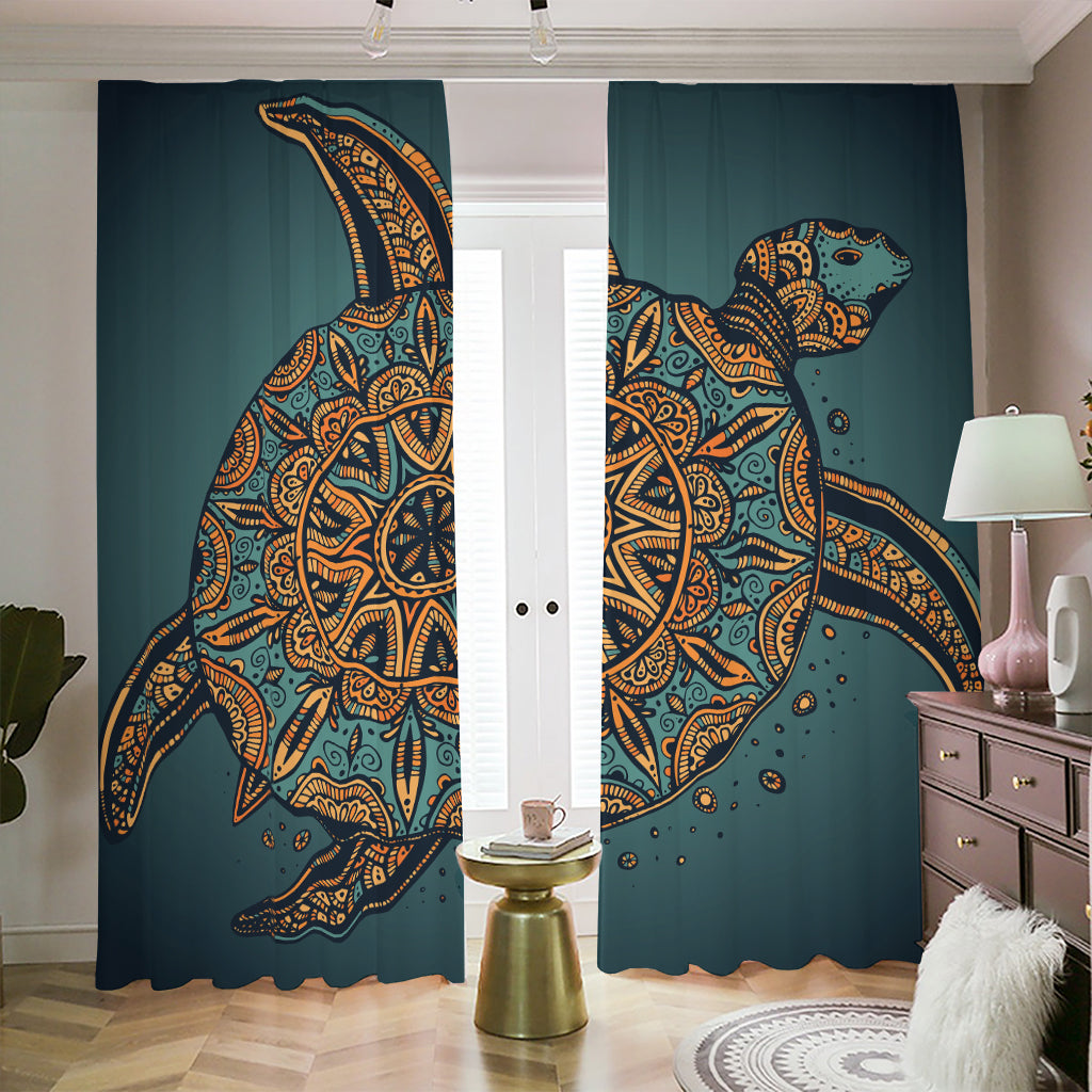 Tribal Sea Turtle Print Blackout Pencil Pleat Curtains