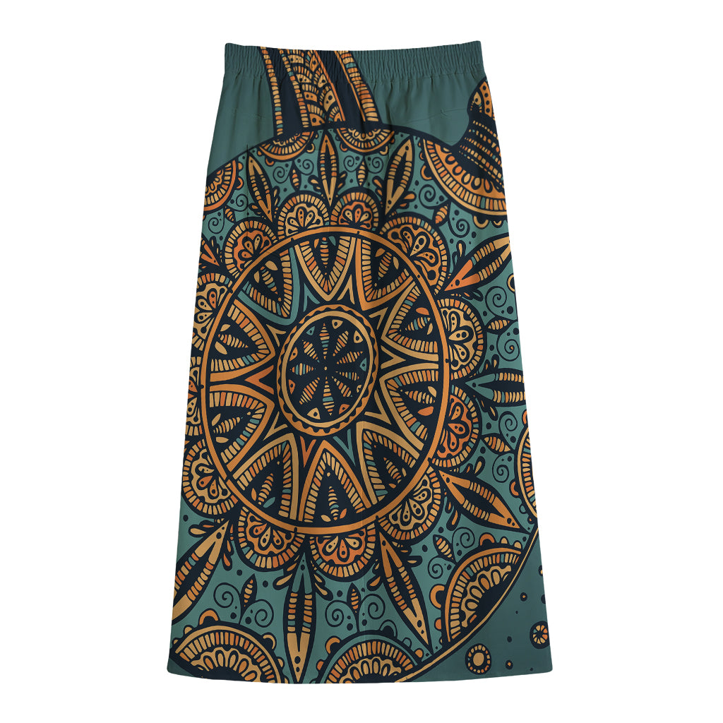 Tribal Sea Turtle Print Cotton Front Slit Maxi Skirt