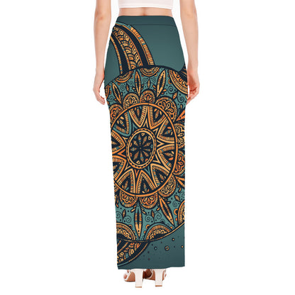 Tribal Sea Turtle Print High Slit Maxi Skirt