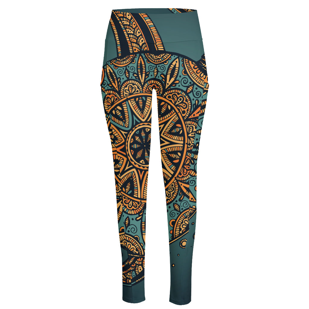 Tribal Sea Turtle Print High-Waisted Pocket Leggings