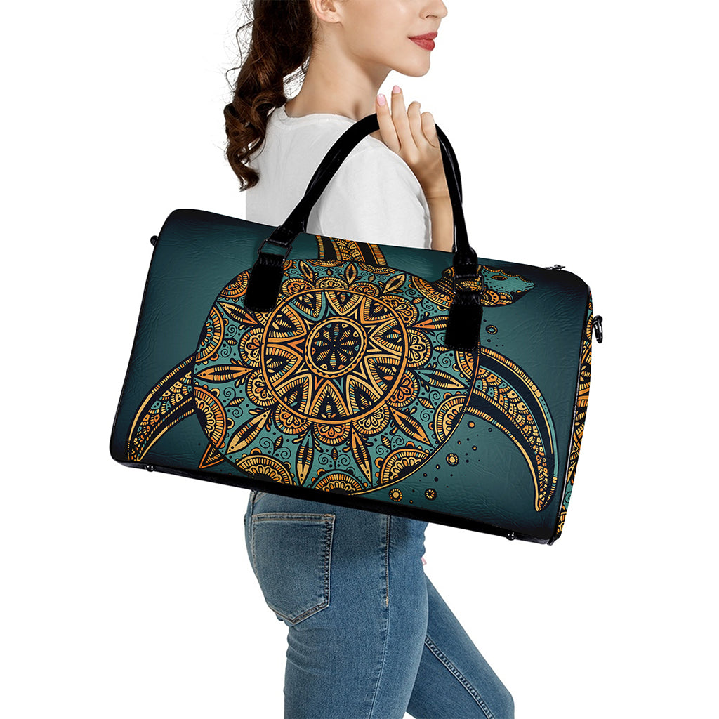Tribal Sea Turtle Print Leather Duffle Bag