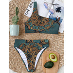 Tribal Sea Turtle Print One Shoulder Bikini Top